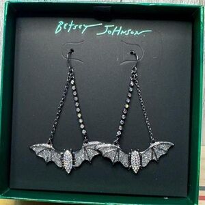 Betsey Johnson Hanging Bat Earrings with Rhinestones. New in Box.